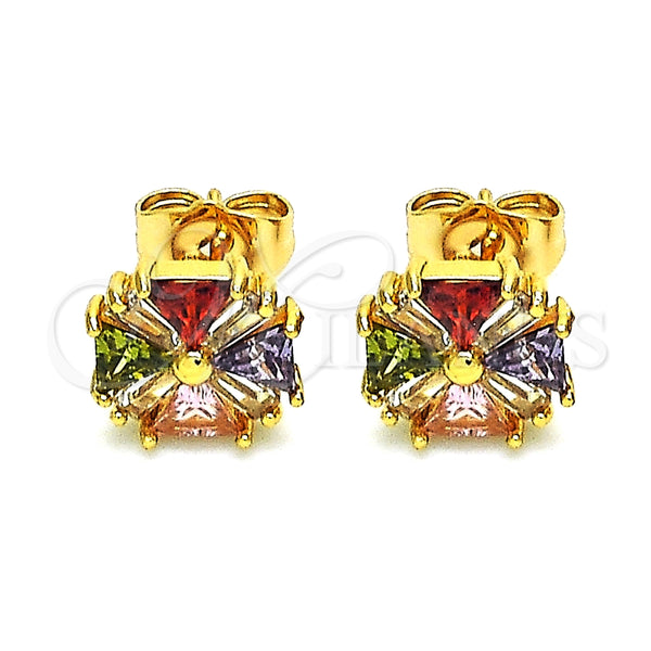 Gold Filled Ring — Stud Earring Flower and Baguette Design with Multicolor — alternate product view — SKU 148810 | Oro Laminado anillo — Stud Earring flor and Baguette diseño with Multicolor — SKU 148810