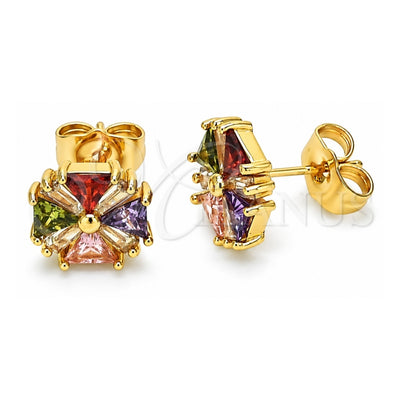 Oro Laminado Stud Earring, Gold Filled Style Flower and Baguette Design, with Multicolor Cubic Zirconia, Polished, Golden Finish, 02.387.0084.1