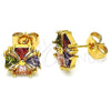 Oro Laminado Stud Earring, Gold Filled Style Flower and Baguette Design, with Multicolor Cubic Zirconia, Polished, Golden Finish, 02.387.0084.1