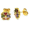Oro Laminado Stud Earring, Gold Filled Style Flower and Baguette Design, with Multicolor Cubic Zirconia, Polished, Golden Finish, 02.387.0084.1