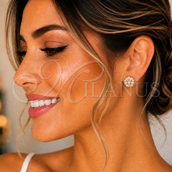 Oro Laminado Stud Earring, Gold Filled Style Flower and Baguette Design, with White Cubic Zirconia, Polished, Golden Finish, 02.387.0086