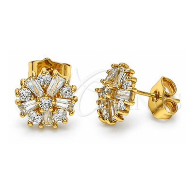 Oro Laminado Stud Earring, Gold Filled Style Flower and Baguette Design, with White Cubic Zirconia, Polished, Golden Finish, 02.387.0086