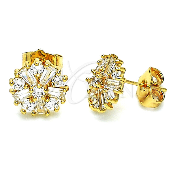Oro Laminado Stud Earring, Gold Filled Style Flower and Baguette Design, with White Cubic Zirconia, Polished, Golden Finish, 02.387.0086