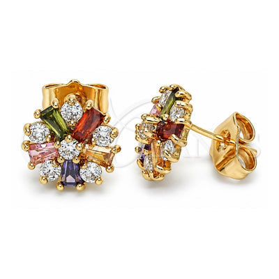 Oro Laminado Stud Earring, Gold Filled Style Flower and Baguette Design, with Multicolor Cubic Zirconia, Polished, Golden Finish, 02.387.0086.1