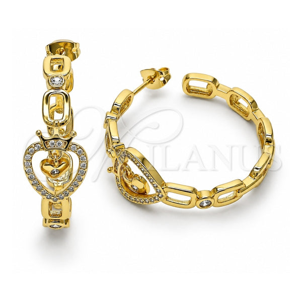 Oro Laminado Stud Earring, Gold Filled Style Heart and Crown Design, with White Micro Pave and White Cubic Zirconia, Polished, Golden Finish, 02.341.0124
