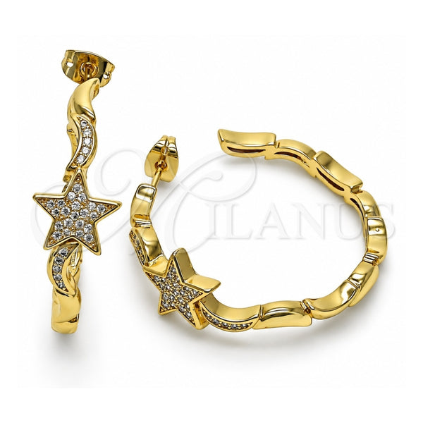 Oro Laminado Stud Earring, Gold Filled Style Star and Moon Design, with White Micro Pave, Polished, Golden Finish, 02.341.0126