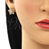 Oro Laminado Stud Earring, Gold Filled Style Flower and Baguette Design, with White Cubic Zirconia, Polished, Golden Finish, 02.387.0089