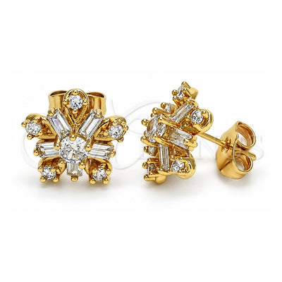 Oro Laminado Stud Earring, Gold Filled Style Flower and Baguette Design, with White Cubic Zirconia, Polished, Golden Finish, 02.387.0089