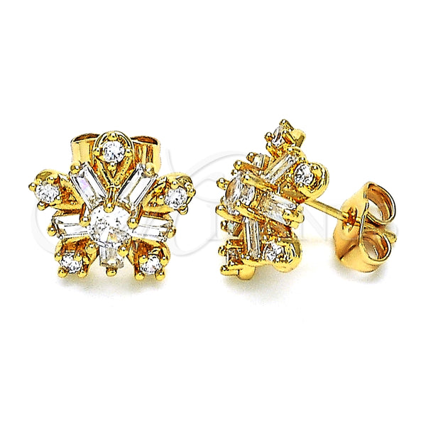 Oro Laminado Stud Earring, Gold Filled Style Flower and Baguette Design, with White Cubic Zirconia, Polished, Golden Finish, 02.387.0089