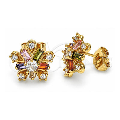 Oro Laminado Stud Earring, Gold Filled Style Flower and Baguette Design, with Multicolor Cubic Zirconia, Polished, Golden Finish, 02.387.0089.1