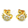 Oro Laminado Stud Earring, Gold Filled Style Swan and Flower Design, with White and Black Cubic Zirconia, Polished, Golden Finish, 02.387.0090