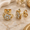 Oro Laminado Stud Earring, Gold Filled Style Swan and Flower Design, with White and Black Cubic Zirconia, Polished, Golden Finish, 02.387.0090