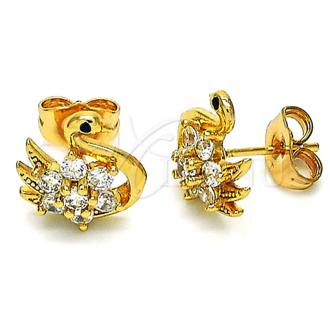 Oro Laminado Stud Earring, Gold Filled Style Swan and Flower Design, with White and Black Cubic Zirconia, Polished, Golden Finish, 02.387.0090