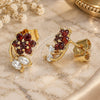 Oro Laminado Stud Earring, Gold Filled Style Flower and Leaf Design, with Garnet and White Cubic Zirconia, Polished, Golden Finish, 02.387.0093