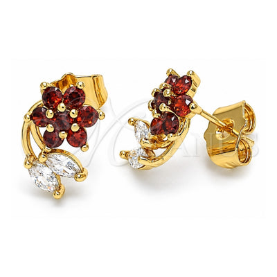 Oro Laminado Stud Earring, Gold Filled Style Flower and Leaf Design, with Garnet and White Cubic Zirconia, Polished, Golden Finish, 02.387.0093
