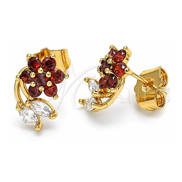 Oro Laminado Stud Earring, Gold Filled Style Flower and Leaf Design, with Garnet and White Cubic Zirconia, Polished, Golden Finish, 02.387.0093