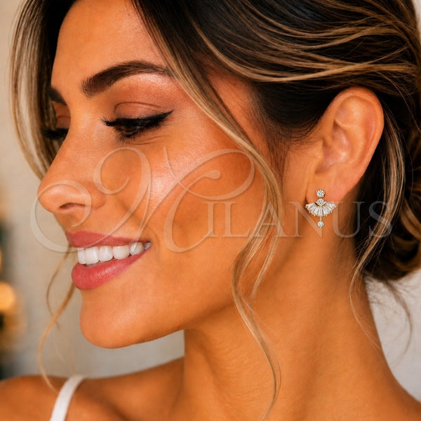 Oro Laminado Stud Earring, Gold Filled Style Baguette Design, with White Cubic Zirconia, Polished, Golden Finish, 02.387.0094