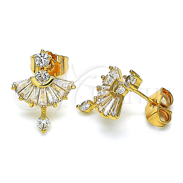 Oro Laminado Stud Earring, Gold Filled Style Baguette Design, with White Cubic Zirconia, Polished, Golden Finish, 02.387.0094