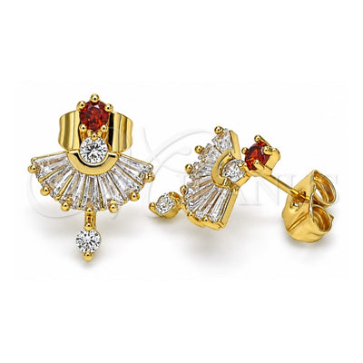 Oro Laminado Stud Earring, Gold Filled Style Baguette Design, with Garnet and White Cubic Zirconia, Polished, Golden Finish, 02.387.0094.1