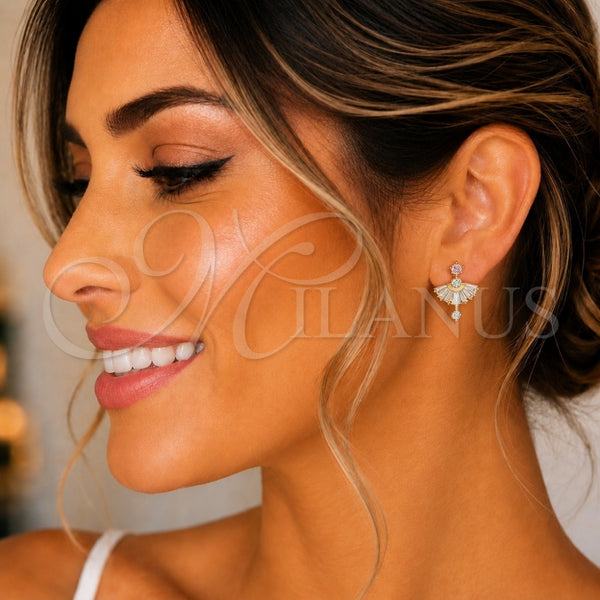 Oro Laminado Stud Earring, Gold Filled Style Baguette Design, with Pink and White Cubic Zirconia, Polished, Golden Finish, 02.387.0094.3