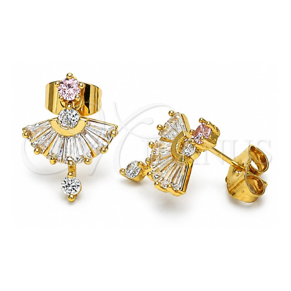 Oro Laminado Stud Earring, Gold Filled Style Baguette Design, with Pink and White Cubic Zirconia, Polished, Golden Finish, 02.387.0094.3