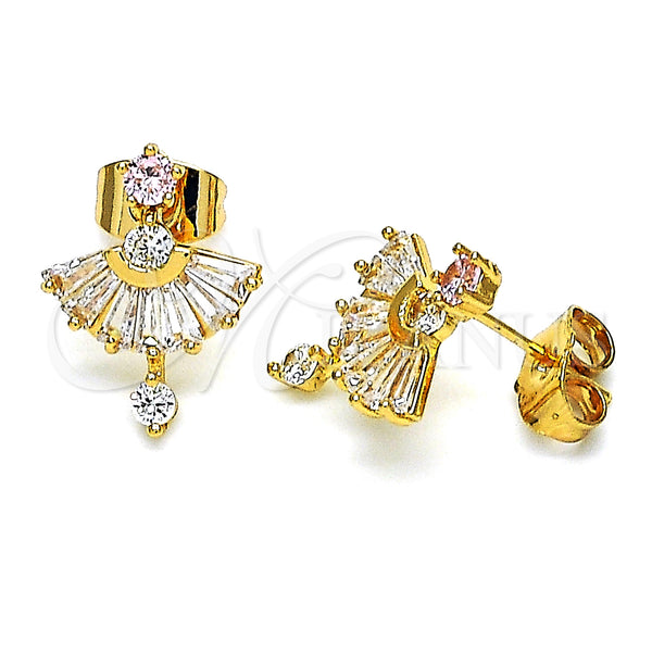 Oro Laminado Stud Earring, Gold Filled Style Baguette Design, with Pink and White Cubic Zirconia, Polished, Golden Finish, 02.387.0094.3