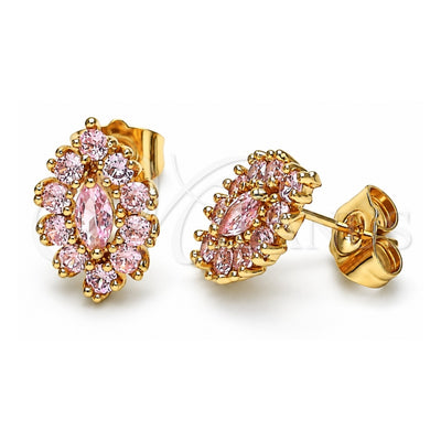 Oro Laminado Stud Earring, Gold Filled Style Evil Eye Design, with Pink Cubic Zirconia, Polished, Golden Finish, 02.387.0095.1