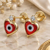 Oro Laminado Stud Earring, Gold Filled Style Evil Eye Design, with Garnet Crystal and White Cubic Zirconia, Polished, Golden Finish, 02.02.0490