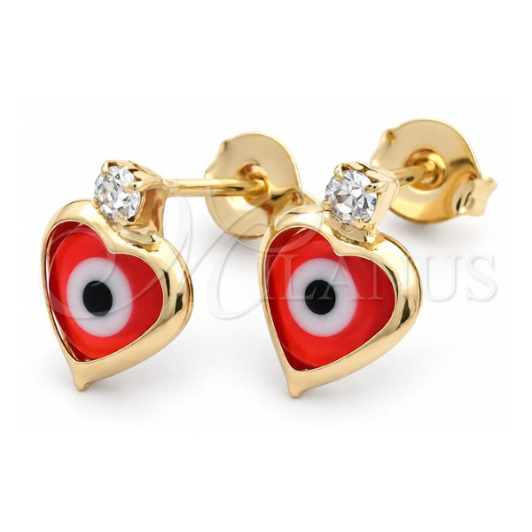Oro Laminado Stud Earring, Gold Filled Style Evil Eye Design, with Garnet Crystal and White Cubic Zirconia, Polished, Golden Finish, 02.02.0490