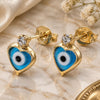 Oro Laminado Stud Earring, Gold Filled Style Evil Eye Design, with Turquoise Crystal and White Cubic Zirconia, Polished, Golden Finish, 02.02.0491
