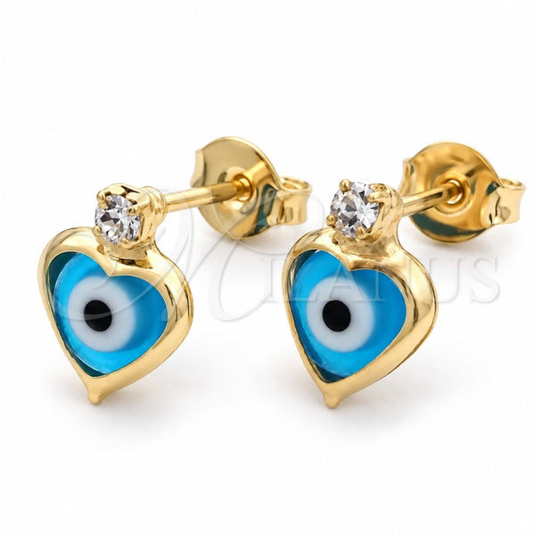 Oro Laminado Stud Earring, Gold Filled Style Evil Eye Design, with Turquoise Crystal and White Cubic Zirconia, Polished, Golden Finish, 02.02.0491