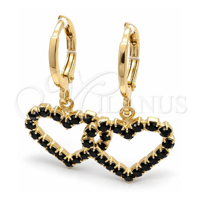 Oro Laminado Huggie Hoop, Gold Filled Style Heart Design, with Black Cubic Zirconia, Polished, Golden Finish, 02.02.0494.1.15