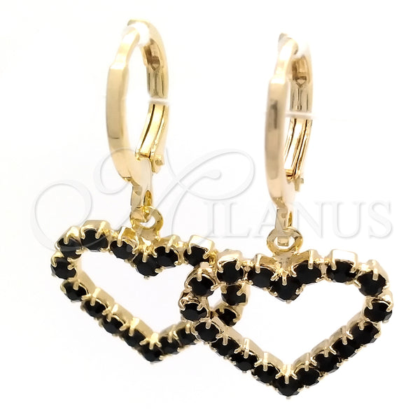 Gold Filled Hoop Earrings — Huggie Hoop Heart Design with Black Cubic Zirconia — main product view — SKU 148872 | Oro Laminado aretes de aro — Huggie Hoop corazón diseño with negro Cubic Zirconia — SKU 148872