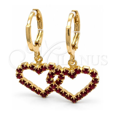 Oro Laminado Huggie Hoop, Gold Filled Style Heart Design, with Garnet Cubic Zirconia, Polished, Golden Finish, 02.02.0494.4.15