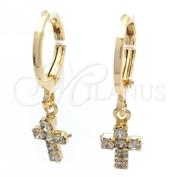Gold Filled Hoop Earrings — Huggie Hoop Cross Design with White Cubic Zirconia — main product view — SKU 148880 | Oro Laminado aretes de aro — Huggie Hoop cruz diseño with blanco Cubic Zirconia — SKU 148880