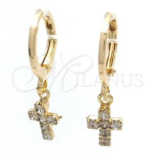 Gold Filled Hoop Earrings — Huggie Hoop Cross Design with White Cubic Zirconia — main product view — SKU 148880 | Oro Laminado aretes de aro — Huggie Hoop cruz diseño with blanco Cubic Zirconia — SKU 148880