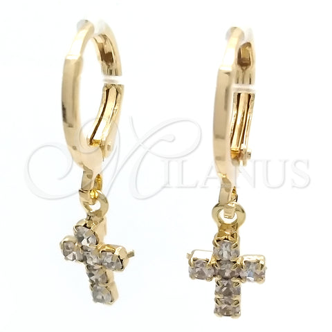 Oro Laminado Huggie Hoop, Gold Filled Style Cross Design, with White Cubic Zirconia, Polished, Golden Finish, 02.02.0496.1.15