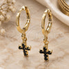 Oro Laminado Huggie Hoop, Gold Filled Style Cross Design, with Black Cubic Zirconia, Polished, Golden Finish, 02.02.0496.2.15