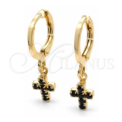 Oro Laminado Huggie Hoop, Gold Filled Style Cross Design, with Black Cubic Zirconia, Polished, Golden Finish, 02.02.0496.2.15