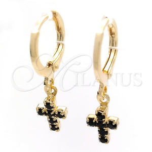 Gold Filled Hoop Earrings — Huggie Hoop Cross Design with Black Cubic Zirconia — main product view — SKU 148881 | Oro Laminado aretes de aro — Huggie Hoop cruz diseño with negro Cubic Zirconia — SKU 148881