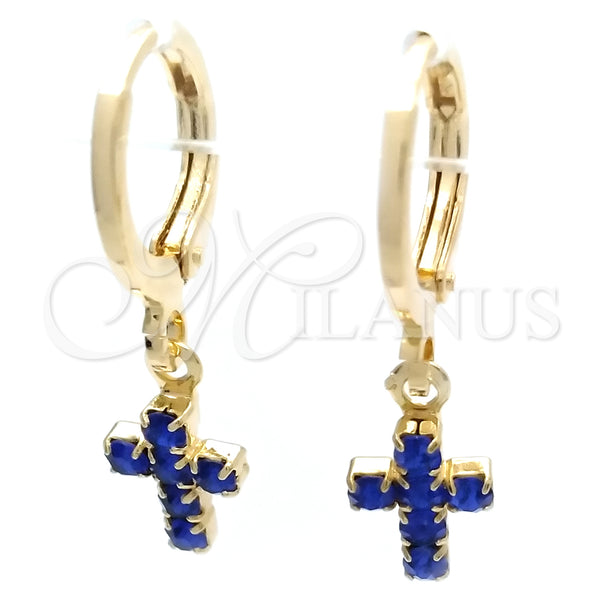 Gold Filled Hoop Earrings — Huggie Hoop Cross Design with Blue Topaz Cubic — main product view — SKU 148882 | Oro Laminado aretes de aro — Huggie Hoop cruz diseño with Blue Topaz Cubic — SKU 148882