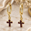 Oro Laminado Huggie Hoop, Gold Filled Style Cross Design, with Garnet Cubic Zirconia, Polished, Golden Finish, 02.02.0496.4.15