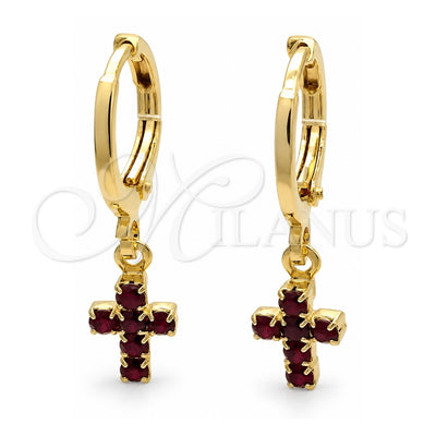 Oro Laminado Huggie Hoop, Gold Filled Style Cross Design, with Garnet Cubic Zirconia, Polished, Golden Finish, 02.02.0496.4.15