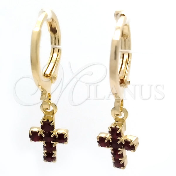 Gold Filled Hoop Earrings — Huggie Hoop Cross Design with Garnet Cubic Zirconia — main product view — SKU 148883 | Oro Laminado aretes de aro — Huggie Hoop cruz diseño with Garnet Cubic Zirconia — SKU 148883