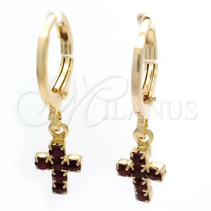 Gold Filled Hoop Earrings — Huggie Hoop Cross Design with Garnet Cubic Zirconia — main product view — SKU 148883 | Oro Laminado aretes de aro — Huggie Hoop cruz diseño with Garnet Cubic Zirconia — SKU 148883