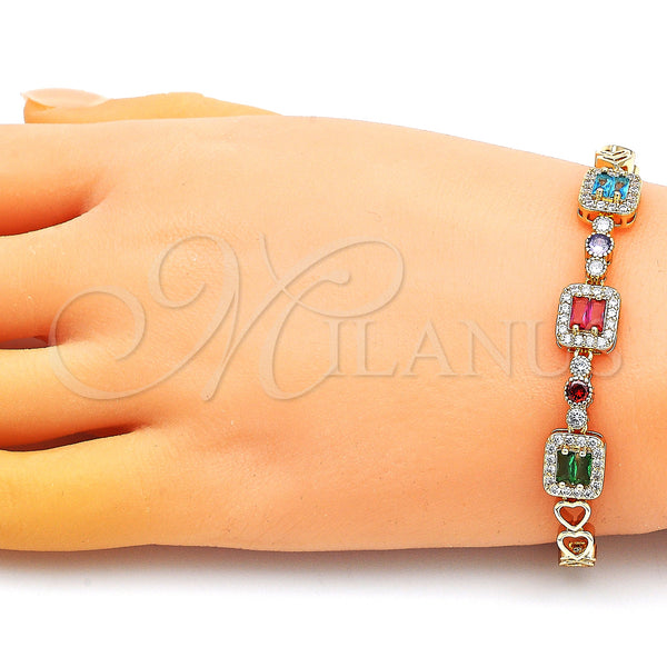 Gold Filled Bracelet — Fancy Bracelet Heart and Baguette Design with Multicolor — alternate product view — SKU 148884 | Oro Laminado brazalete — elegante Bracelet corazón and Baguette diseño with Multicolor — SKU 148884