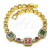 Oro Laminado Fancy Bracelet, Gold Filled Style Heart and Baguette Design, with Multicolor Cubic Zirconia, Polished, Golden Finish, 03.283.0216.07 (06 MM Thickness, 7 Inches Length)
