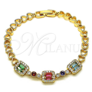 Gold Filled Bracelet — Fancy Bracelet Heart and Baguette Design with Multicolor — main product view — SKU 148884 | Oro Laminado brazalete — elegante Bracelet corazón and Baguette diseño with Multicolor — SKU 148884