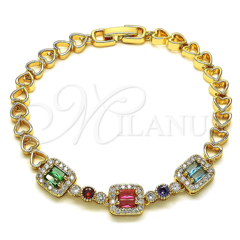 Oro Laminado Fancy Bracelet, Gold Filled Style Heart and Baguette Design, with Multicolor Cubic Zirconia, Polished, Golden Finish, 03.283.0216.07 (06 MM Thickness, 7 Inches Length)