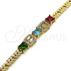 Oro Laminado Fancy Bracelet, Gold Filled Style Leaf and Baguette Design, with Multicolor Cubic Zirconia, Polished, Golden Finish, 03.283.0217.07 (05 MM Thickness, 7 Inches Length)